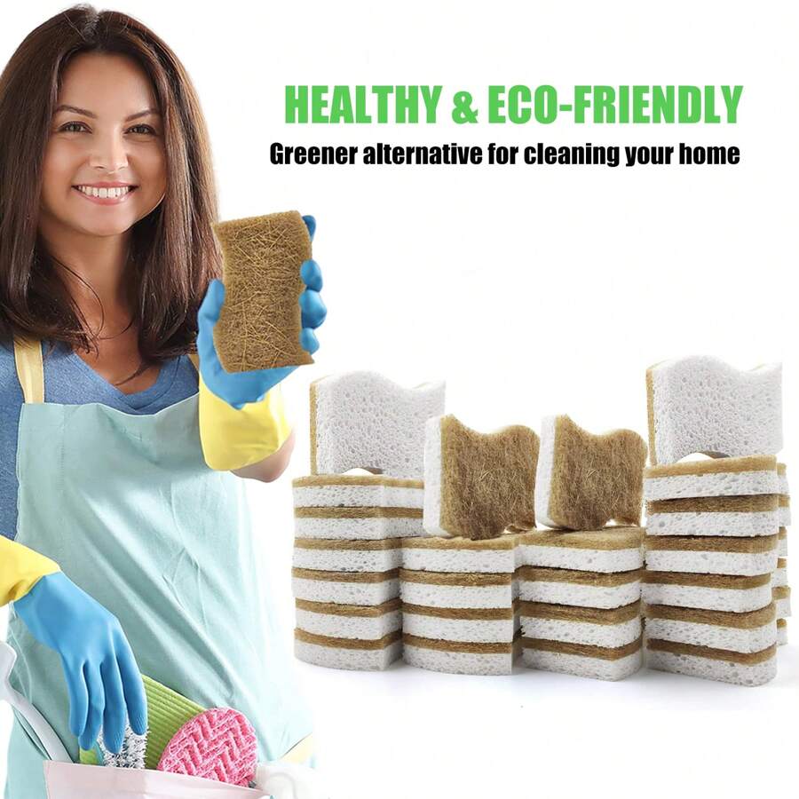 24-Pack Natuurlijke Keuken Sponzen - Composteerbare Cellulose En Kokosnoot Scrubber Sponzen - Snel Drogende Afwas Sponzen