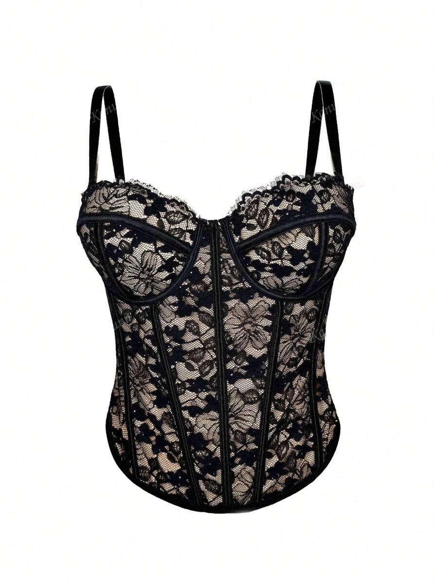 Women Floral Black Lace Trim Corset Overbust Waist Cincher Bustier Top
