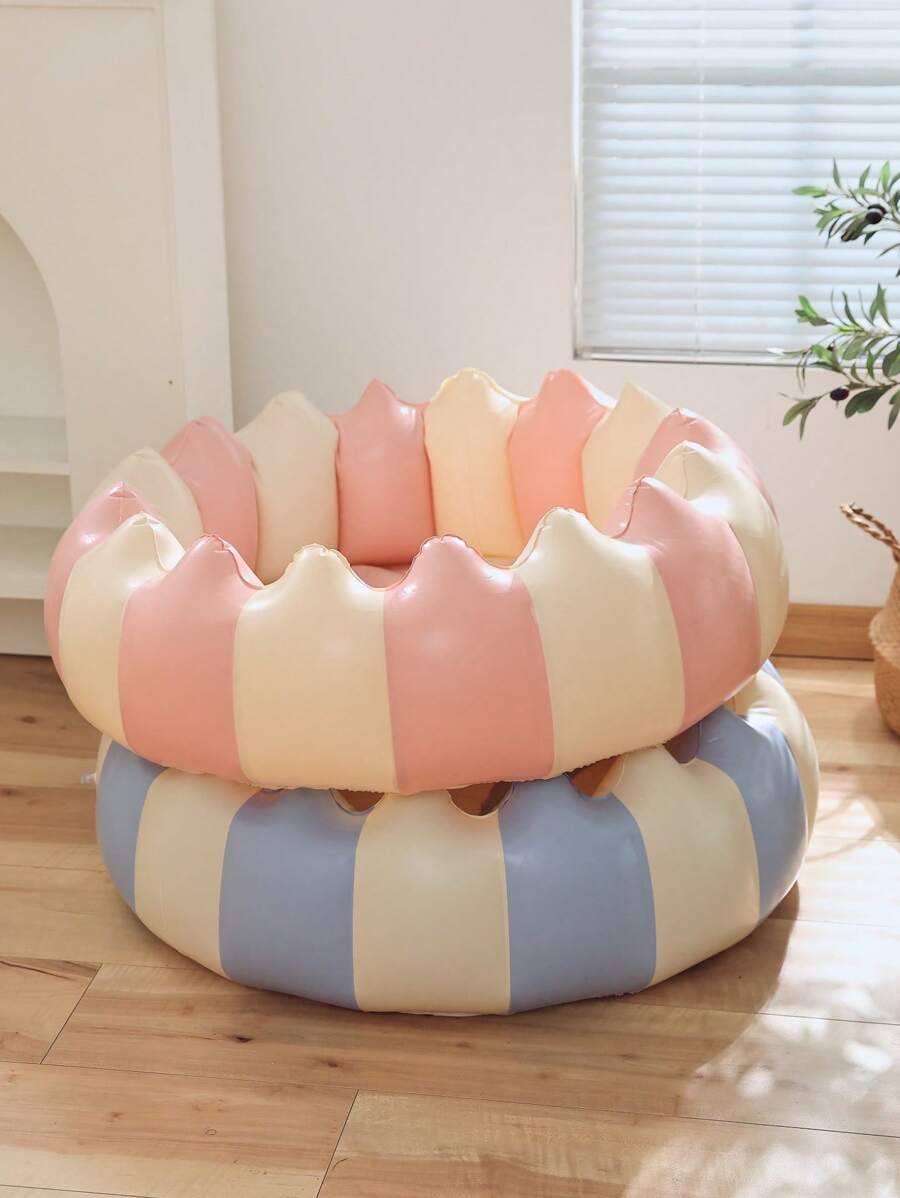 1pc Inflatable Blue Striped PVC Floating Swimming Pool, Outdoor Water Pool & Ball Pit, Beach Essentials, Beach Accessories