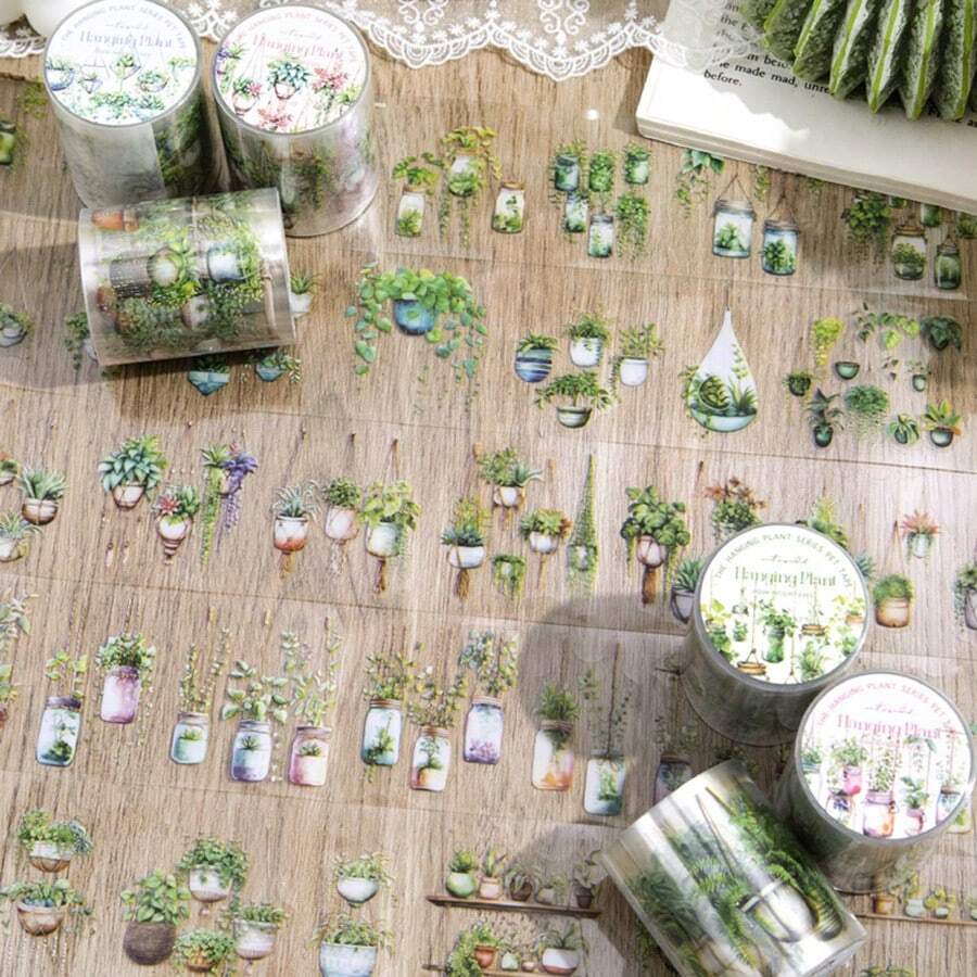 3Rolls/Bag Tape Combination, Hanging Plant Series, Delicate Green Plant Potted Landscape PET Tape, Scrapbook Supplies, Decorative Notebook Photo Frame Mobile Phone Case Water Cup Garbage Magazine Stationery Box DIY Personalized Stickers