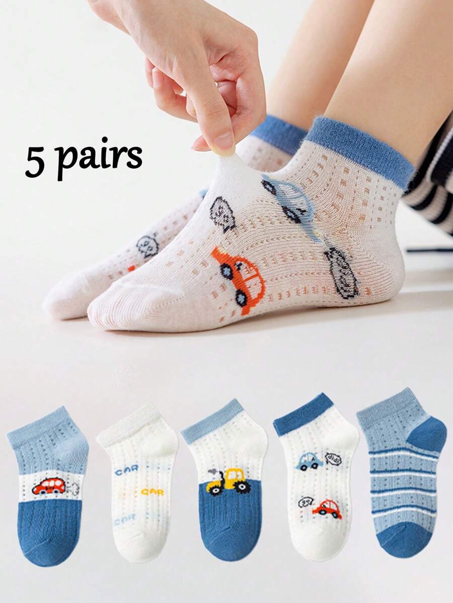 5 Pairs Of 1-16 Year Old Children's Spring And Summer Mesh Socks, Short Socks, Cartoon Cars, Male And Female Babies