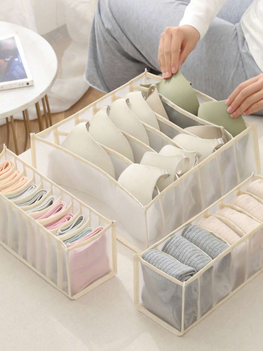 3/1 pezzo Borsa beige per il contenimento di biancheria intima, scatola portaoggetti stile cassetto per conservare calze, decorazioni,decorazioni per festival, per la casa, per la camera da letto, scatola portaoggetti con scomparti in rete per biancheria intima, accessorio per cassetti di guardaroba, borsa portaoggetti per calze e biancheria intima, scatola portaoggetti multicomparto