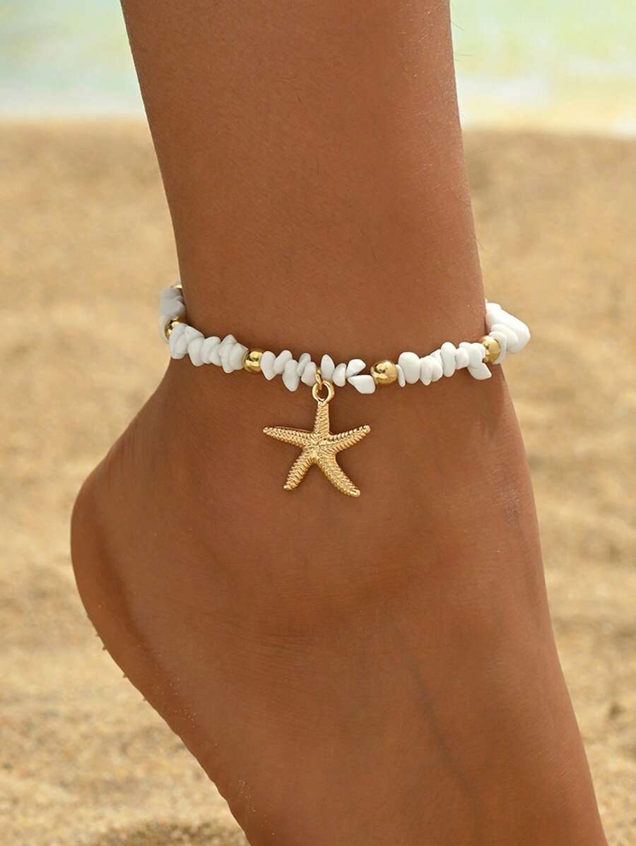1 pieza Tobillera con colgante de estrella de mar de metal con cuentas de turquesa blanca en estilo de vacaciones, accesorio de joyería de moda para mujer, adecuado para uso diario y de vacaciones