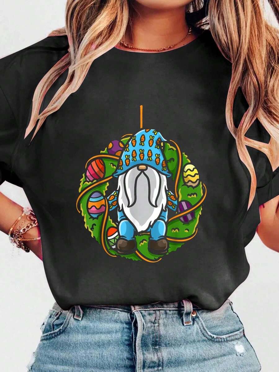 Gnome Easter Wreath Easter Egg Gnome Lover Print Crew Neck Casual T-Shirt Short Sleeve Sports Top, Smart Casual/Street Style Women's Clothing