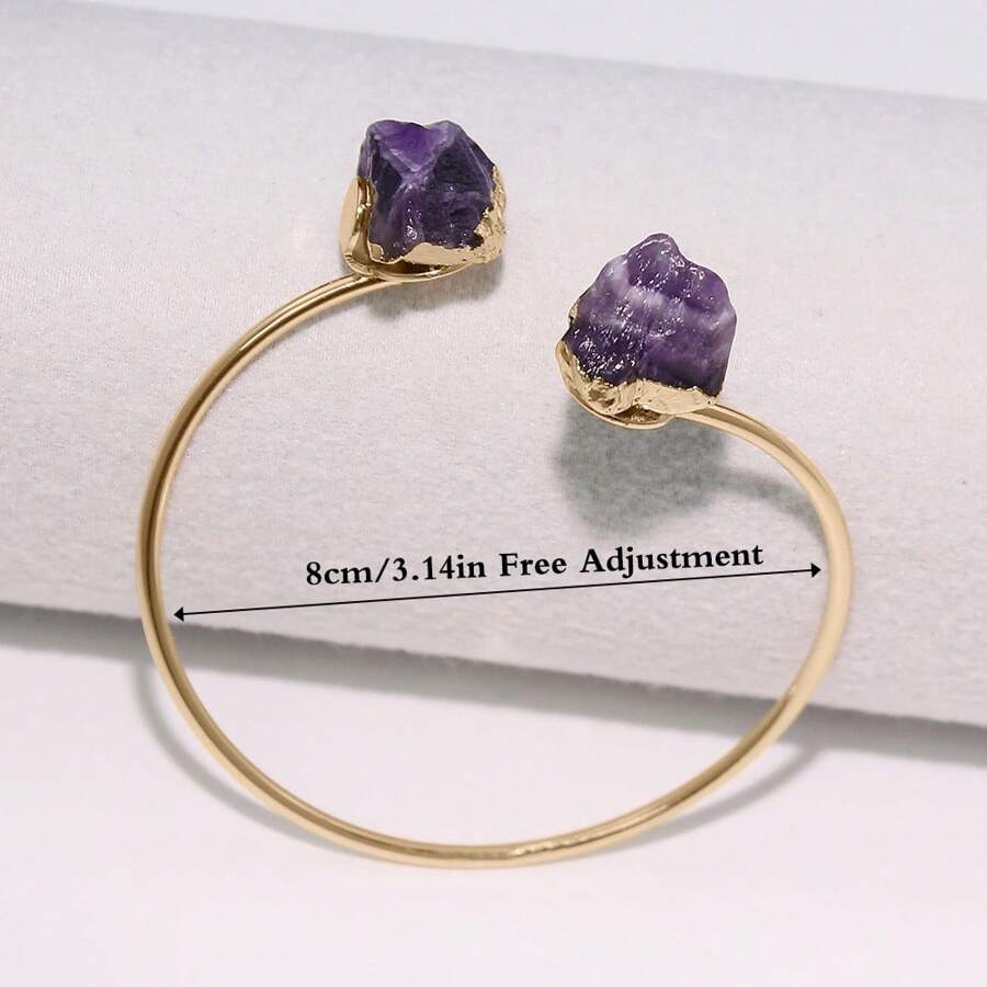 1 pieza Brazalete asimétrico de amatista natural ajustable para mujeres, con tarjeta de bendición como regalo