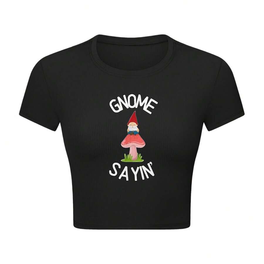 Women's Crop Top T-Shirt - 'Gnome Sayin' Funny Graphic Design In Black