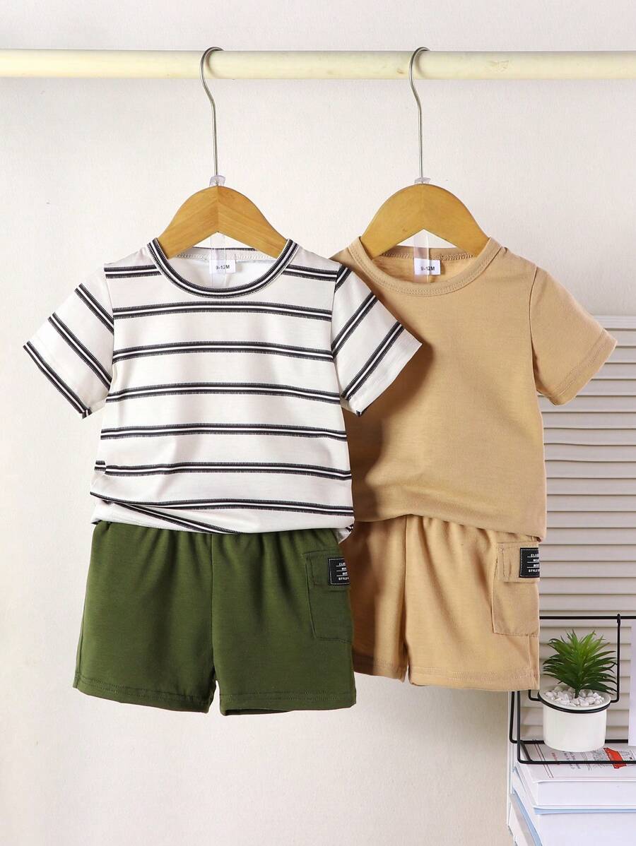 Conjunto de 4 piezas de ropa informal de verano para niño bebé con camisetas de cuello redondo a rayas y de un solo color, y pantalones cortos de bolsillo de un solo color