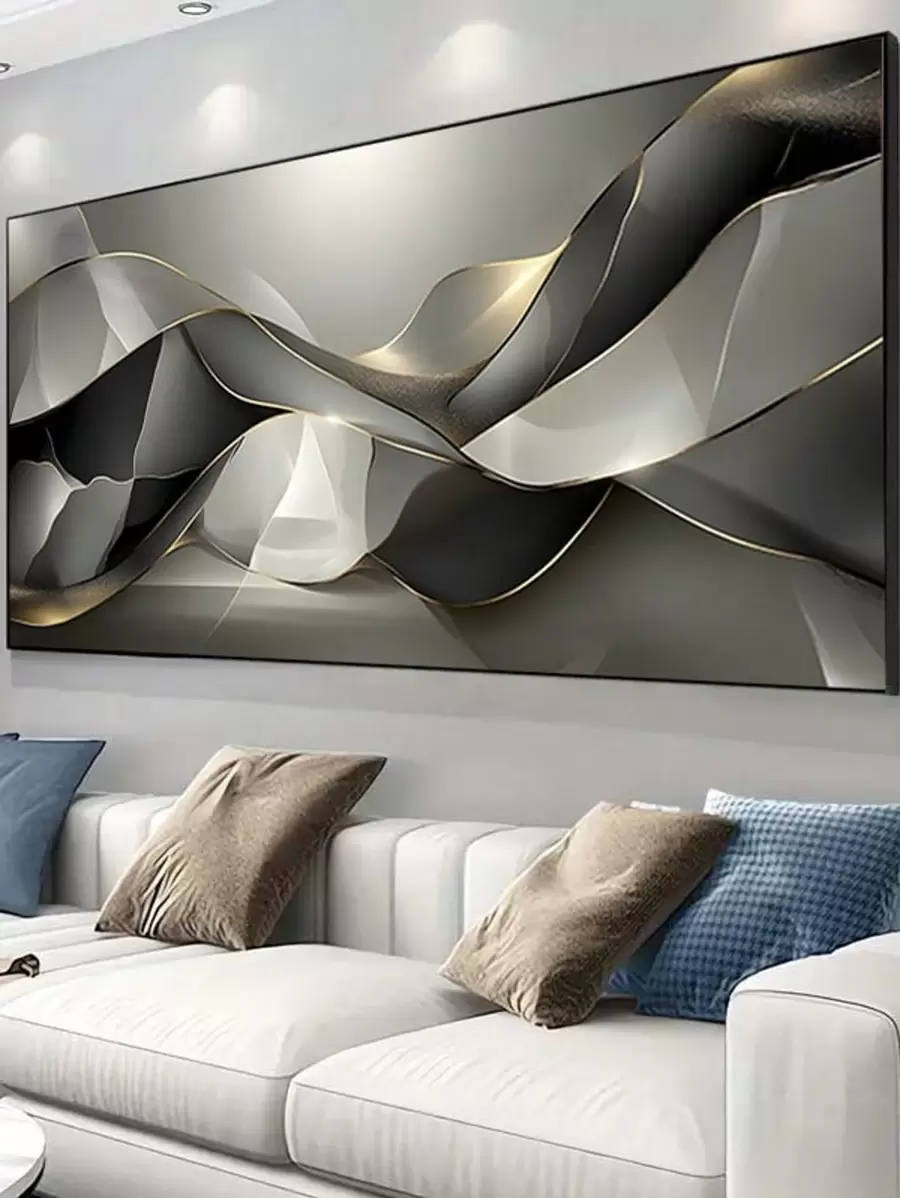 Large Frameless Modern Abstract Canvas Art - Golden Lines & Black/Gray Textured Design For Living Room Or Bedroom Decor, 23.62" X 47.24 Gifts Birthday Graduation