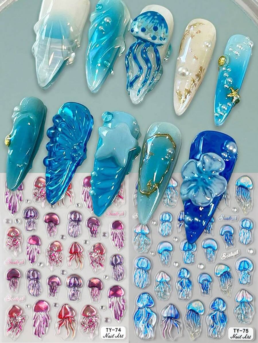5D Embossed Ocean Nail Stickers Summer Nail Decals Blue Wine Red Jellyfish Nail Sticker Nails Stickers Sea Animals Nail Art Stickers Beach Nail Stickers For Nail Art Supplies Ocean Stickers For Nails