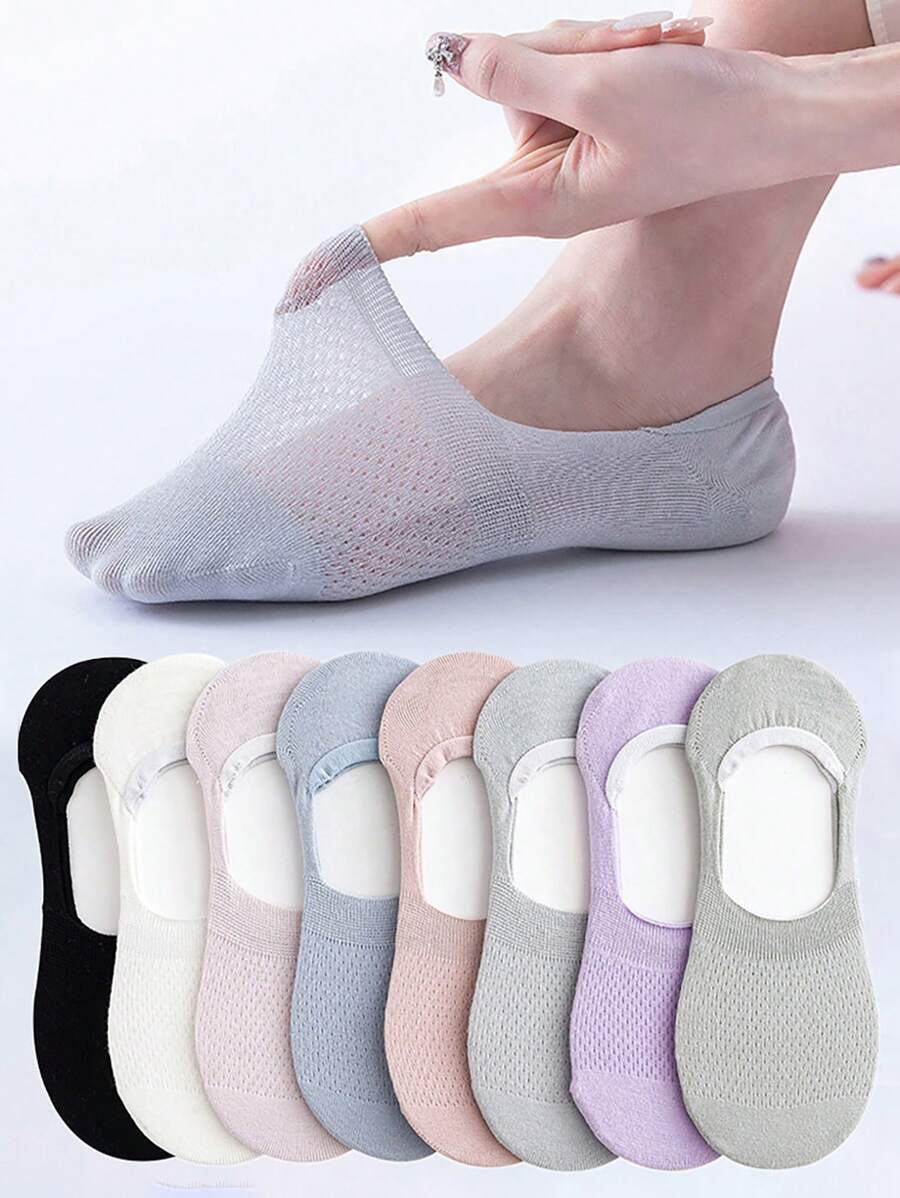 5 pares de calcetines invisibles de verano sin cordón para mujer con malla de silicona antideslizante en color sólido (sin cartón)
