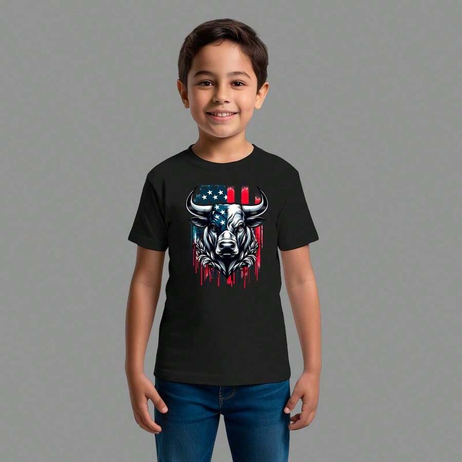 Camisetas Infatil Básica Masculina Casual Confortável Gola Redonda Boi America