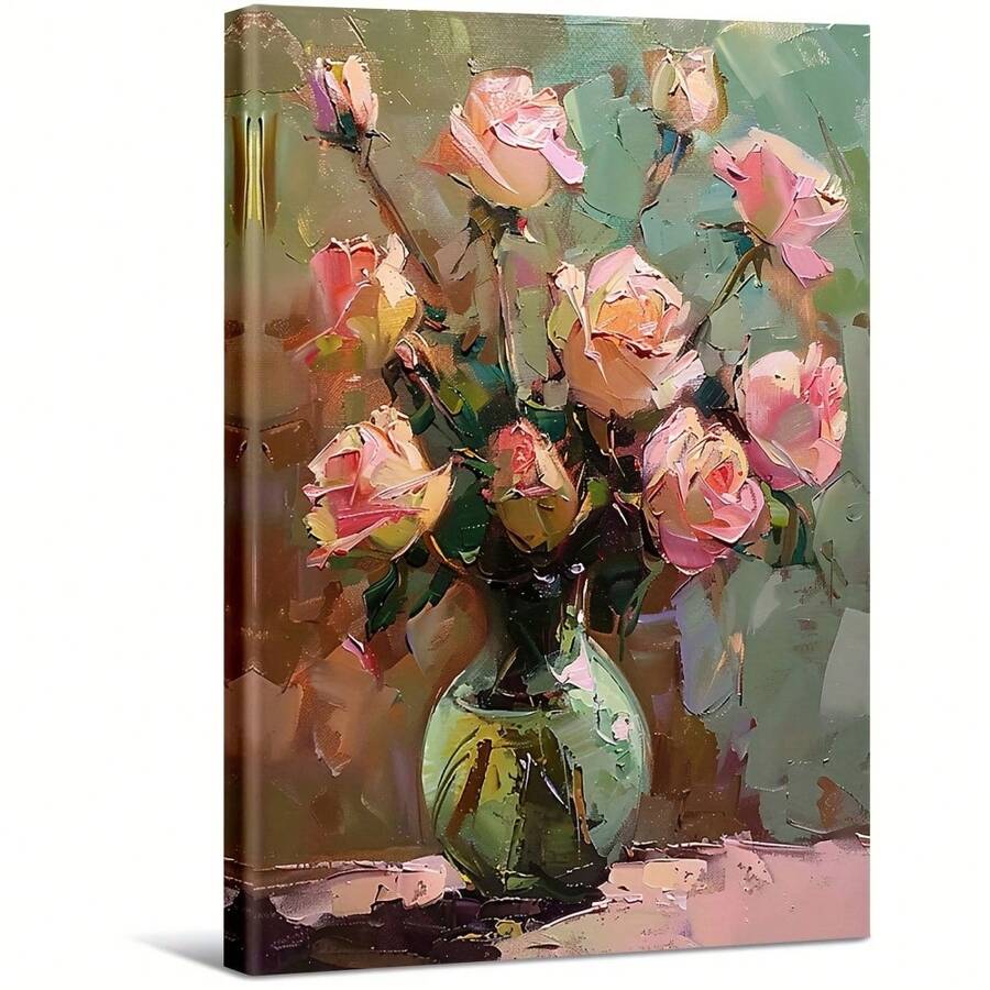 Peinture à l'huile de roses roses dans un vase vert. Grande peinture murale encadrée en bois, décoration d'intérieur, peinture à l'huile - Chambre, salle de bain, salon, bureau, cuisine, cadeaux de Noël - 1 pièce