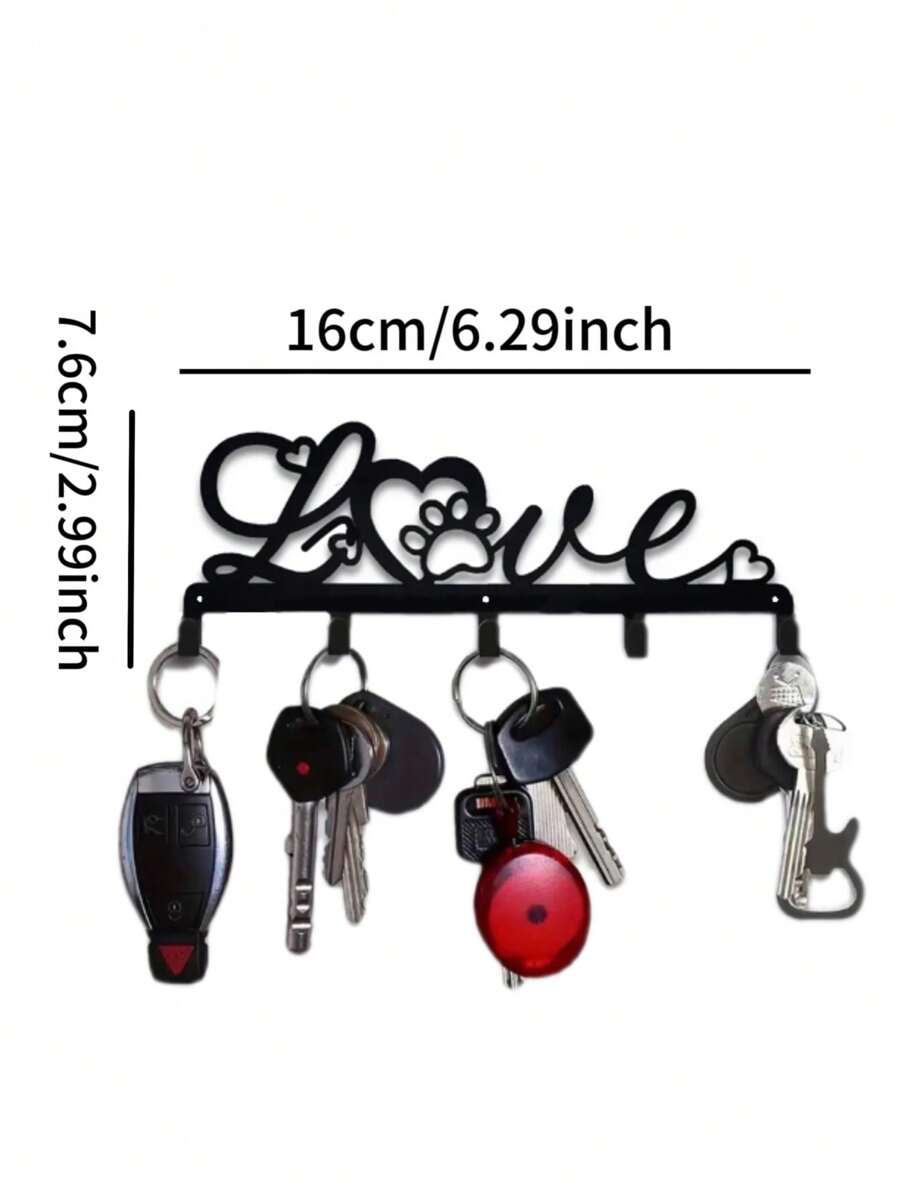 Chic Black Metal "Love" Shaped Key Holder, Wall-Mounted, Rustproof & Waterproof Iron Key Rack With Decorative Hooks, Powder Coated Finish, No Assembly Required, Space-Saving Key Organizer For Home Decor
