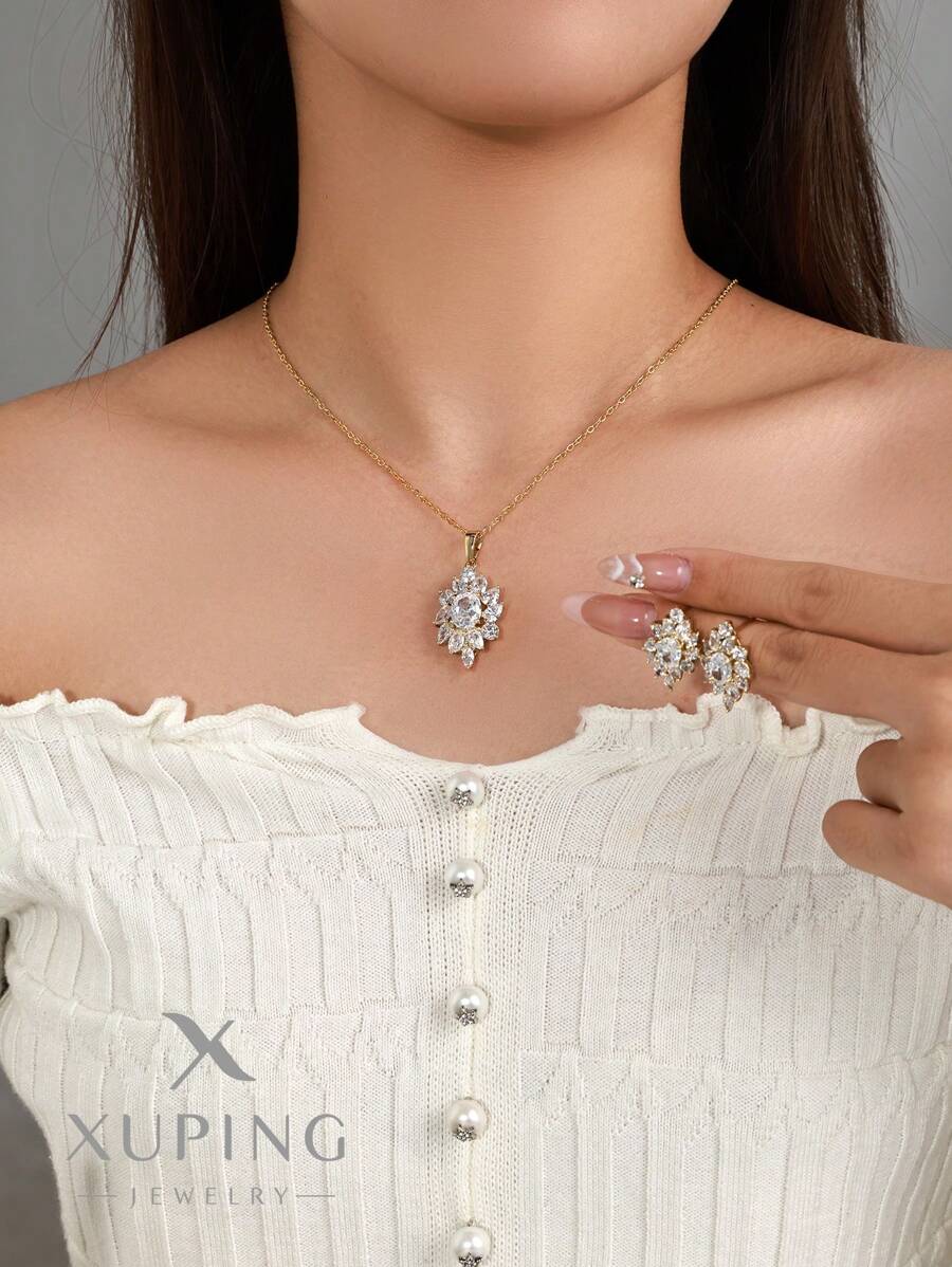 XUPING JEWELRY 1 set comprend : 1 paire de boucles d'oreilles Xping et 1 collier, un élégant ensemble de bijoux de mode avec cubic zirconia cubique pour femmes