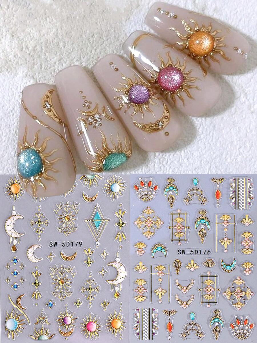 5D Metallic Bohemian Embossed Nail Stickers 2pcs Iridescent Gold Sun Gemstone Graphic Lace Enamel Necklace Moon Design DIY Holographic Engraving Self-Adhesive Gel Polish Decals Sliders Nail Art Decoration Salon Manicure Nail Supplies