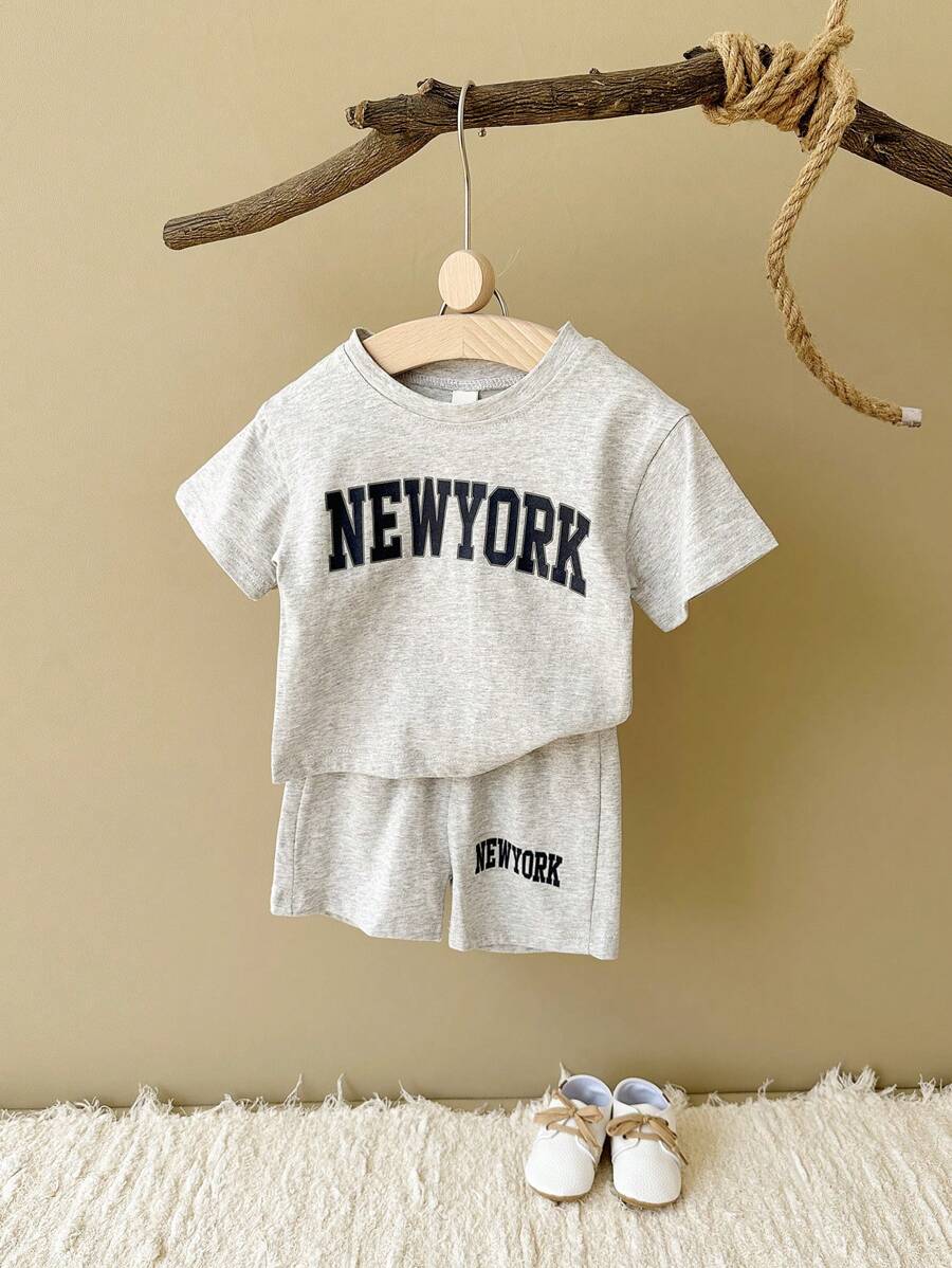 2pcs/Set Infant Boys' Casual Letter Print Short Sleeve T-Shirt + Shorts, Summer