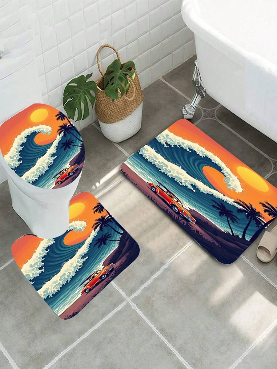 1 conjunto, patrón de ola, paisaje de puesta de sol, coche, tabla de surf, juego de 3 piezas de alfombra de baño de elementos diarios, alfombra de baño absorbente y lavable, alfombra de baño antideslizante, tapa de inodoro, alfombra de baño gruesa y suave, ducha, cocina, lavandería, baño, sala de estar, dormitorio, alfombra de interior, accesorio de decoración del hogar