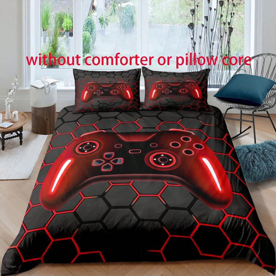 3pcs Modern Red Gamepod Print Duvet Cover Set, Soft & Breathable Fabric, Machine Washable, Suitable For All Seasons (1 Duvet Cover + 2 Pillowcases, No Insert), Ideal For Bedroom & Guest Room Bedding Decor