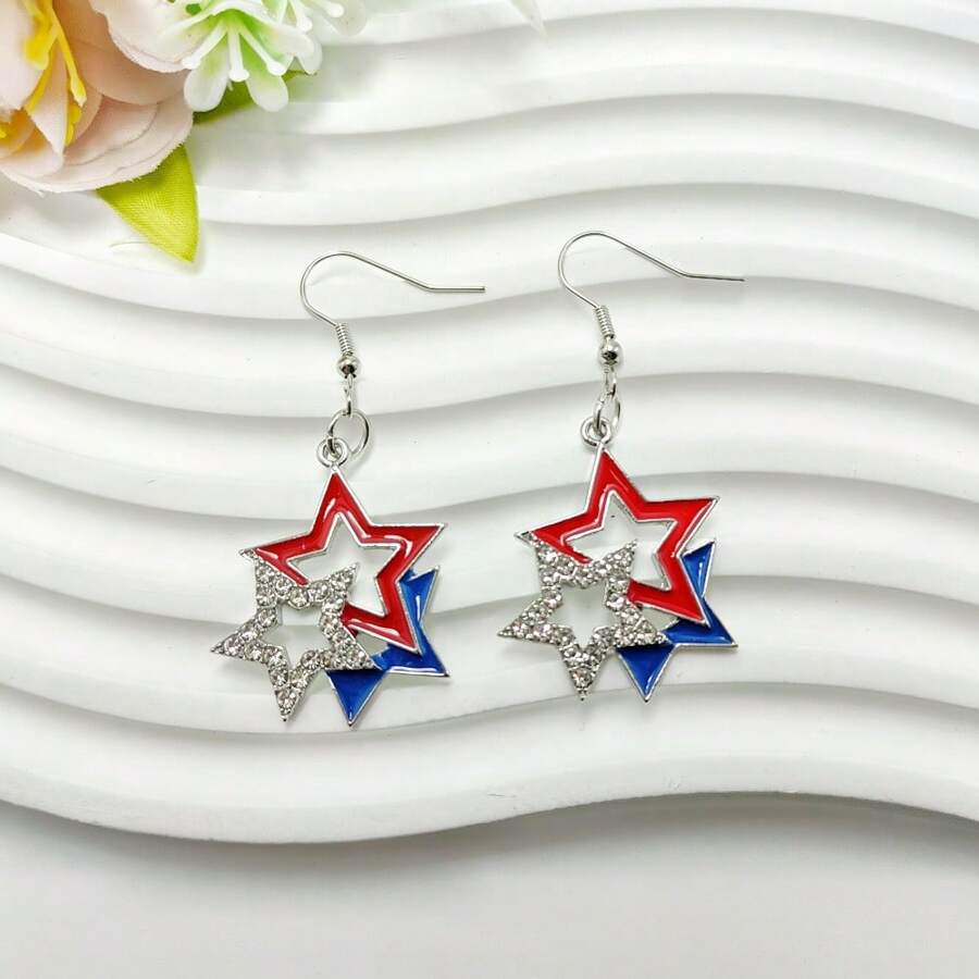 1 Paar Damen Unabhängigkeitstag Pentagramm Strass Hängeohrringe, US-amerikanische Nationalflagge rot-weiß-blau gestreift patriotische kreative Ohrringe, 4. Juli Unabhängigkeitstag Schmuck