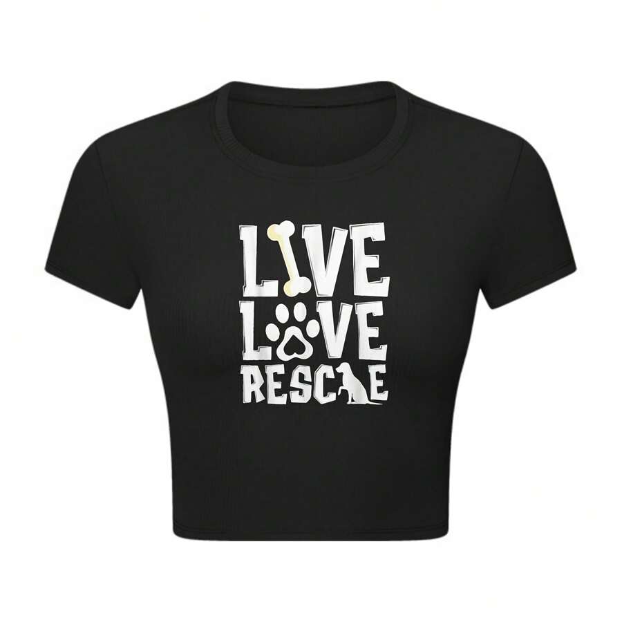Live Love Rescue - Women's Crop Top T-Shirt For Animal Lovers Black Short Sleeve Tee With Paw Print Design