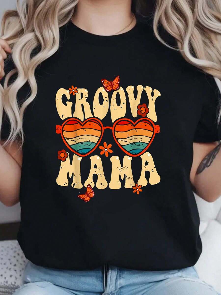 Retro Groovy Mama 70s Aesthetic 1970's Mother's Day T-Shirt- Printed Crew Neck T-Shirt , Casual Short Sleeve Tee, Breathable Soft 100% Cotton