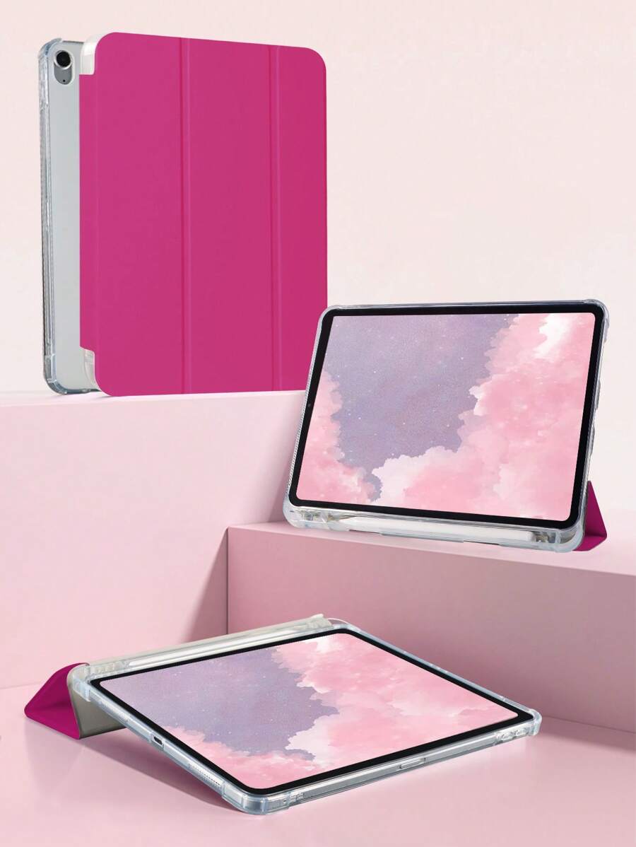 1 pieza Funda para Tablet de 3 pliegues con ranura transparente para lápiz, color magenta, con ranura incorporada para lápiz, soporte de 3 pliegues, función de suspensión/activación magnética, carcasa protectora suave de TPU resistente a caídas y desgaste, minimalista/casual/empresarial/clásica para iPad
