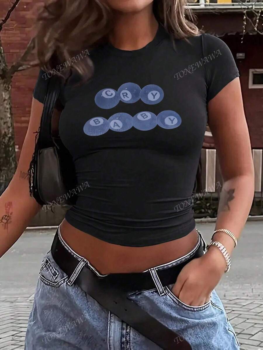 Zomermode voor dames, comfortabel, Y2K Hot Girl, straatstijl, huilende babyprint, ronde hals, korte mouwen, kort, slim fit, effen kleur, print T-shirt, tops, zomerkleding, schattige zomertops, Y2K-tops, grafische T-shirts voor dames