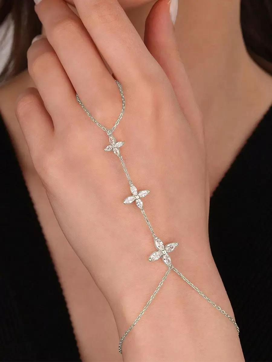 1pc Minimalist Silver Flower Finger & Hand Chain Bracelet With Rhinestones, Elegant Jewelry For Women