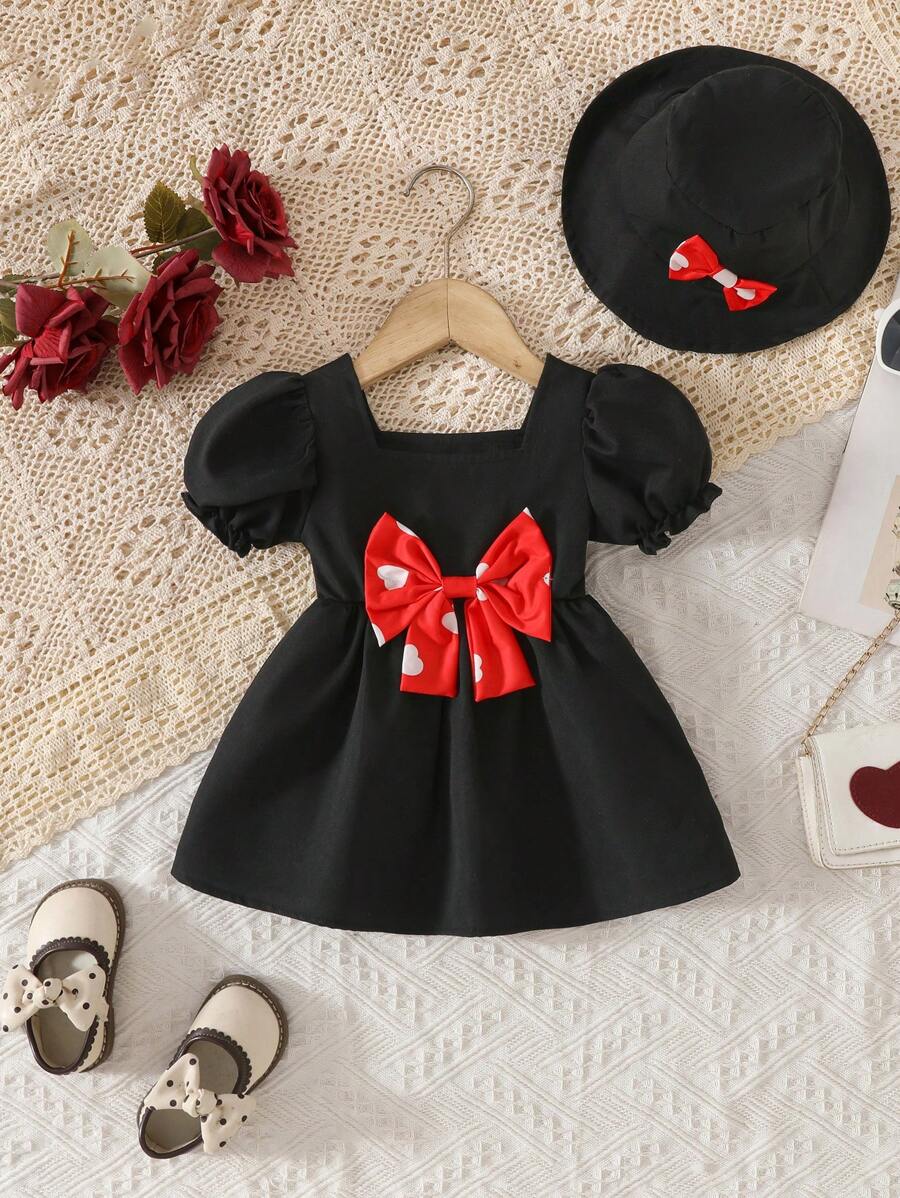 Baby Girls 0-3 Years Summer Elegant Cute Bow Lantern Sleeves Dress With Hat Set - Outdoor Casual Sports Princess Dress