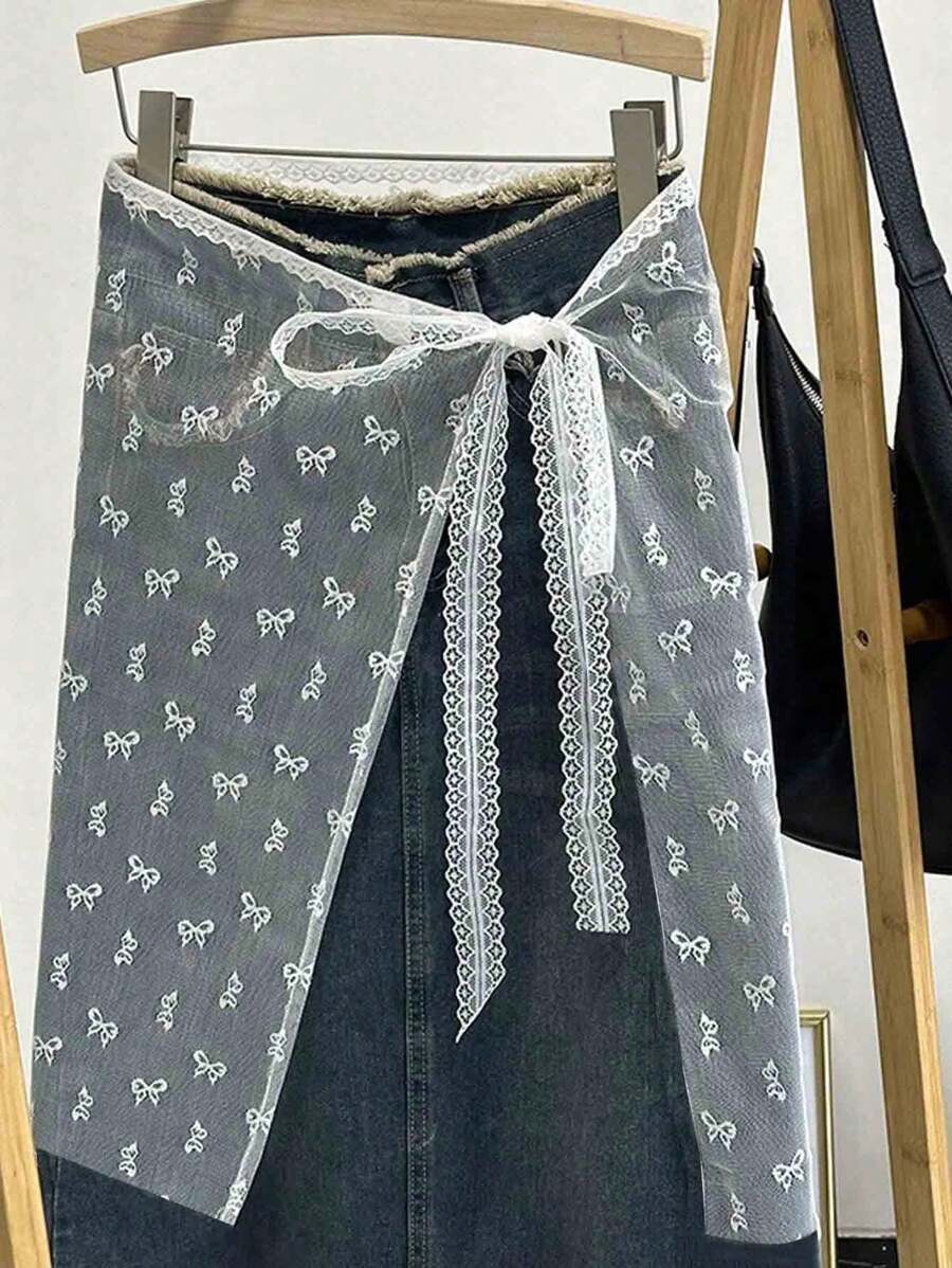 1pc Women Slip Underskirt, Detachable Waist Tie Net Mesh Skirt Swimwear Cover Up With Ditsy Floral Embroidery Lace Trim