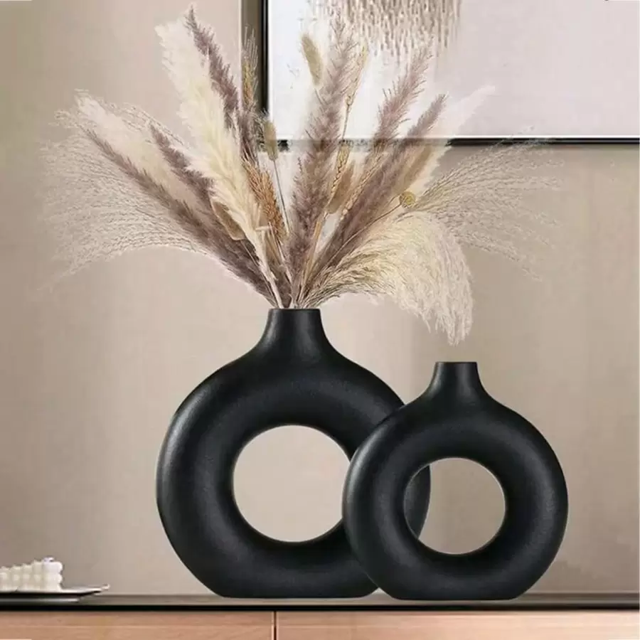 1pc Black Plastic Round Vase Ornaments, Simulation Dried Flower Decorative Vases, Flower Arrangement Art Vases, Simple Living Room Exhibition Hall Decoration, Home Decoration, Vases, Ornaments, Table Decoration.