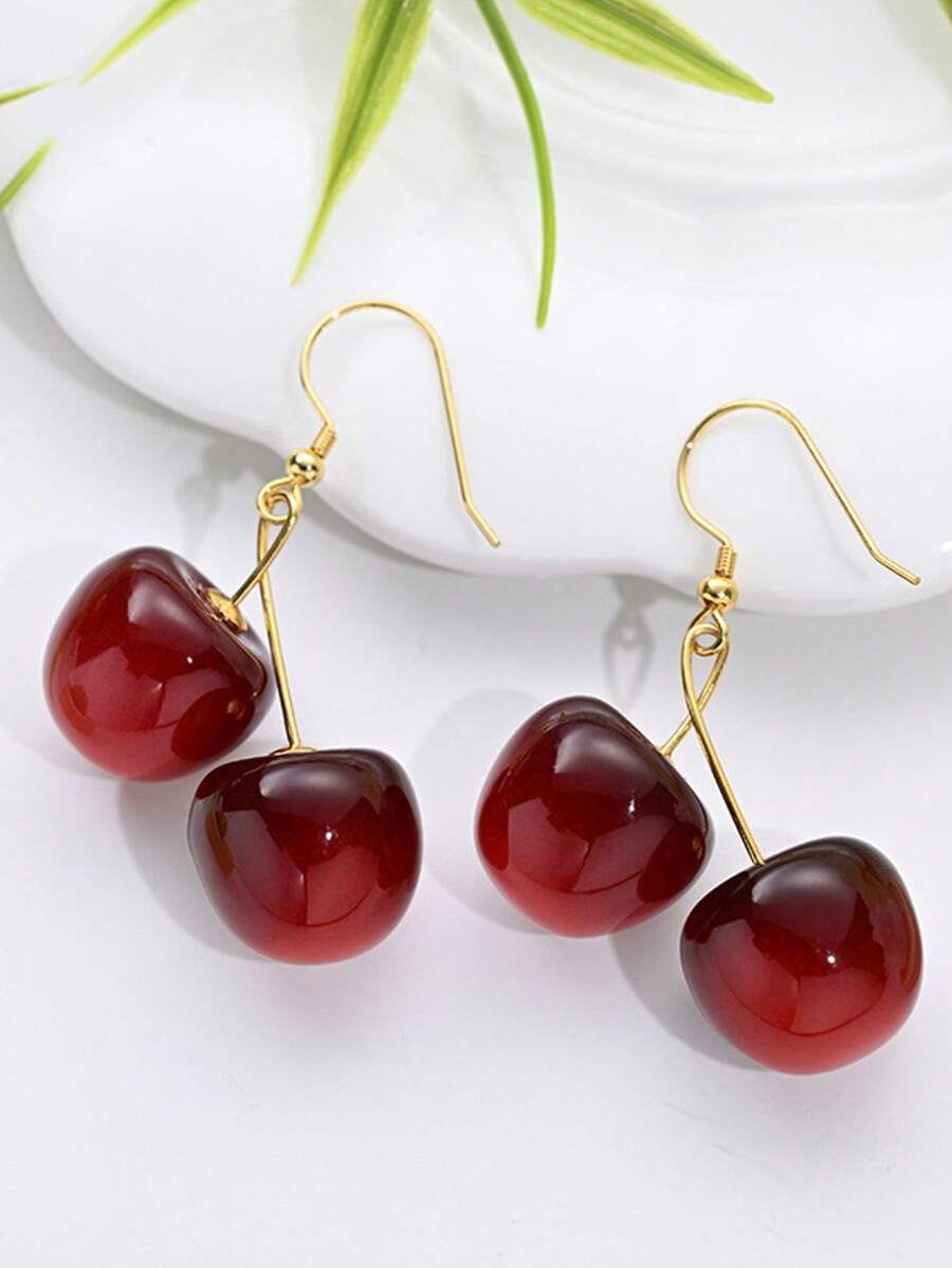 1 par de nuevos y elegantes pendientes de cereza roja para mujeres, versátiles, dulces y encantadores pendientes con colgante de fruta de acerola, de moda y encantadores