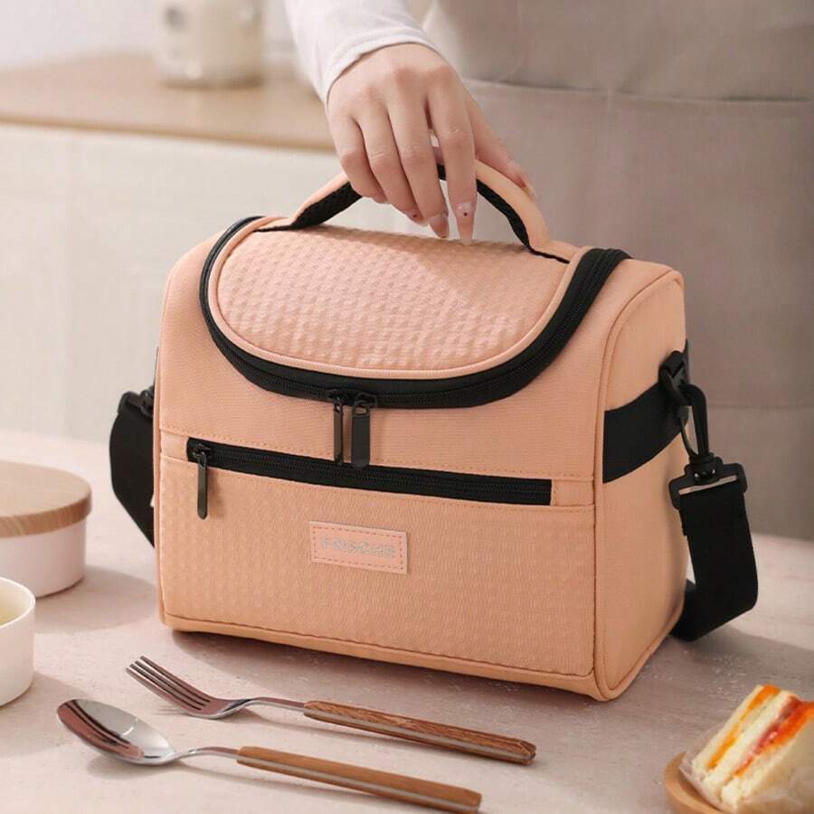 1 pieza Bolsa de almuerzo aislada de gran capacidad de 8L, hecha de fibra de poliéster suave con cremallera, impermeable y a prueba de fugas, reutilizable, con correas para el hombro ajustables, adecuada para llevar en mano o cruzada. Diseño de acolchado de unicolor y multicolor, adecuada tanto para hombres como para mujeres, perfecta para oficinas, escuelas, picnics, playas - Una bolsa refrigerable para adolescentes, adultos, maestros, temporada de vuelta a clases