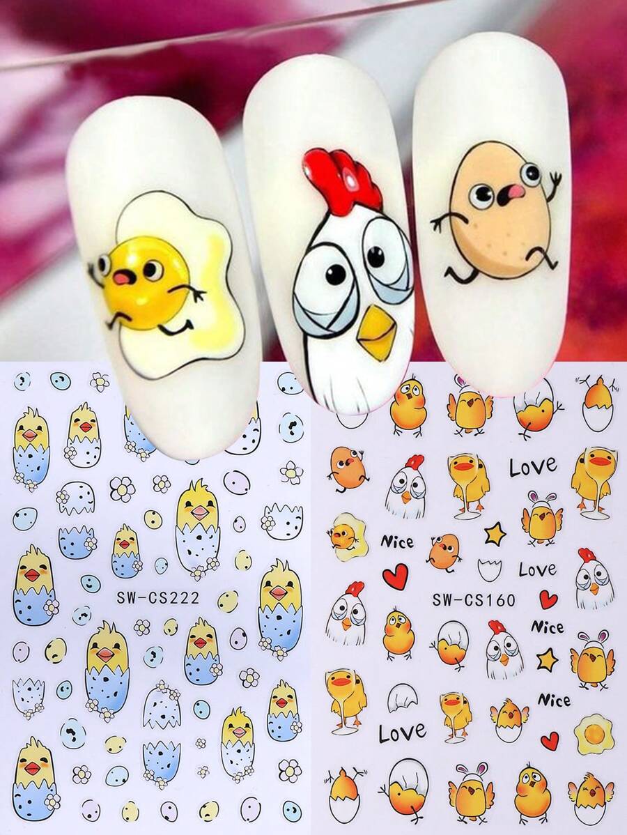 2 PCS Easter Theme 3D Nail Art Stickers Lovely Chicks Egg Glass Cup Nail Decals 3D Self Adhesive Stickers Manicure Nail Decoration For Women Girl In Spring