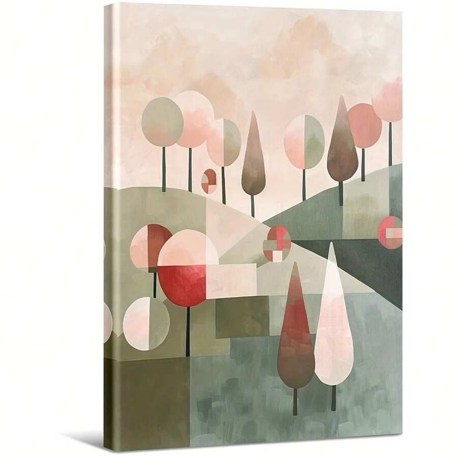 Arbres abstraits sur des collines aux couleurs pastel. Grande peinture murale encadrée en bois, décoration d'intérieur, peinture à l'huile - Chambre, salle de bain, salon, bureau, cuisine, cadeaux de Noël - 1 pièce