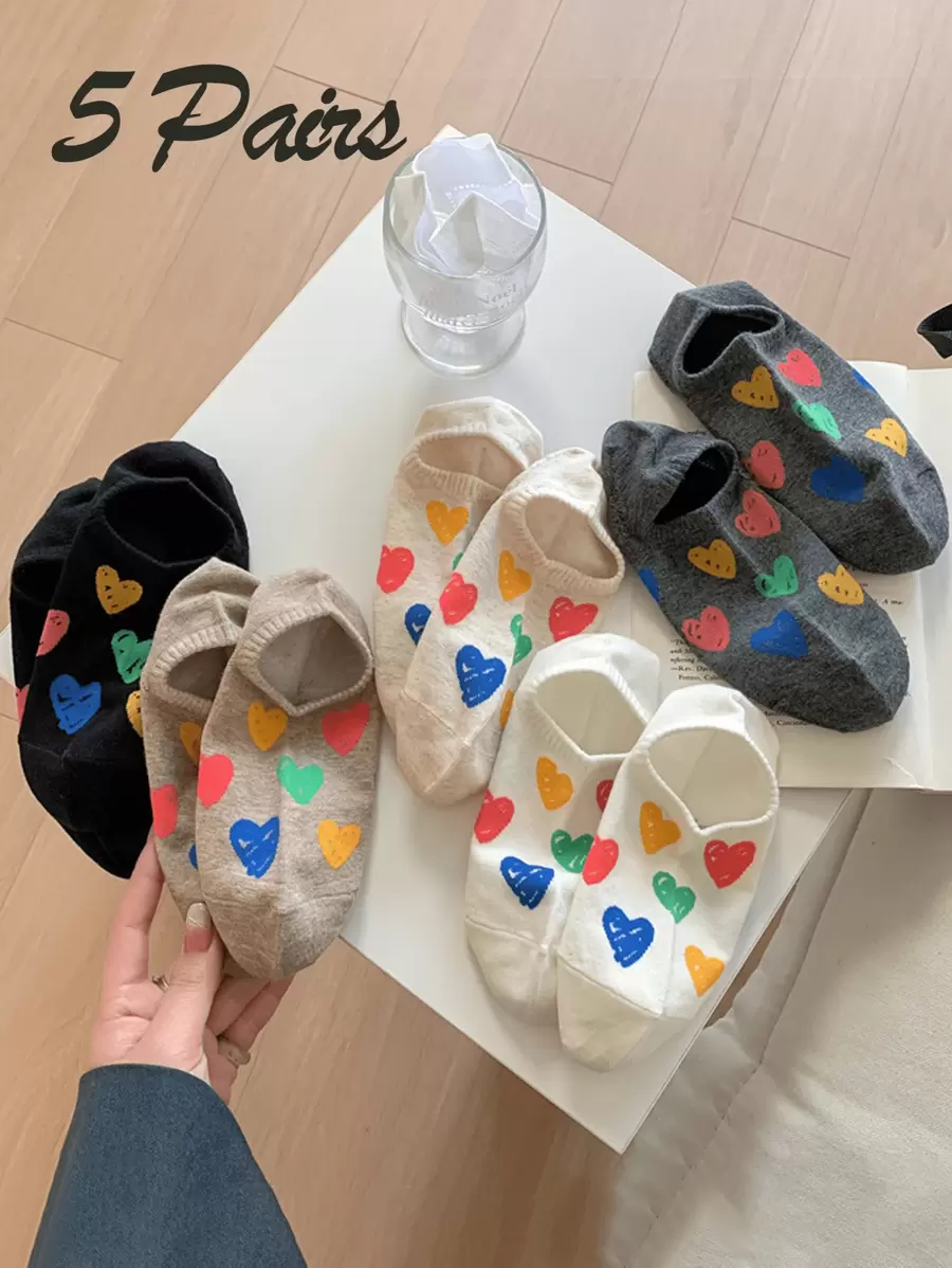 5 paires de chaussettes fines d'été pour femmes avec graffitis colorés, amour, chaussettes décontractées en silicone sans peluche. Chaussettes invisibles personnalisées