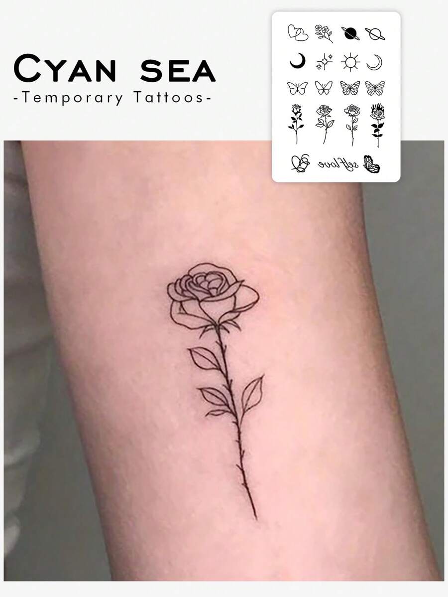 1 pièce Autocollants de tatouage temporaire lavables avec des motifs de rose, papillon, lune, cœur. Tatouage temporaire imperméable en PVC, convient pour une utilisation quotidienne