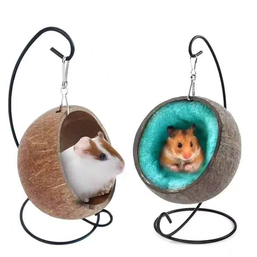 Cama de coco para hámster, refugio de hámster natural de coco, hamaca de suspensión, cama de cáscara de coco para hámster con almohadilla térmica para pequeños animales. (Nota: Las cáscaras de coco son productos naturales y los arañazos en el interior son normales.)