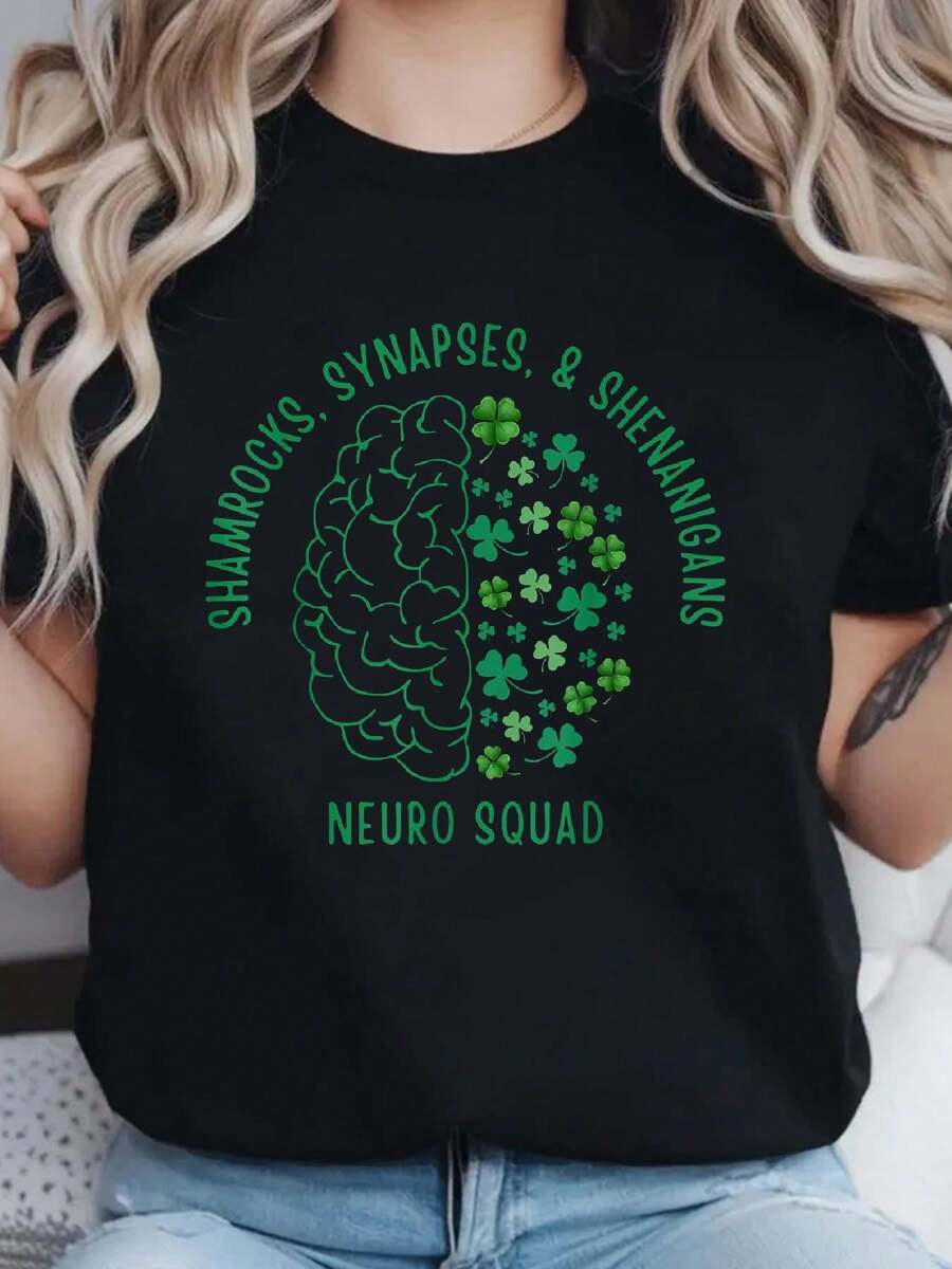 St Patrick's Neuro Nurse Brain Shamrock Neuroscience T-Shirt- 100% Cotton Women's Casual Short Sleeve Crew Neck T-Shirt