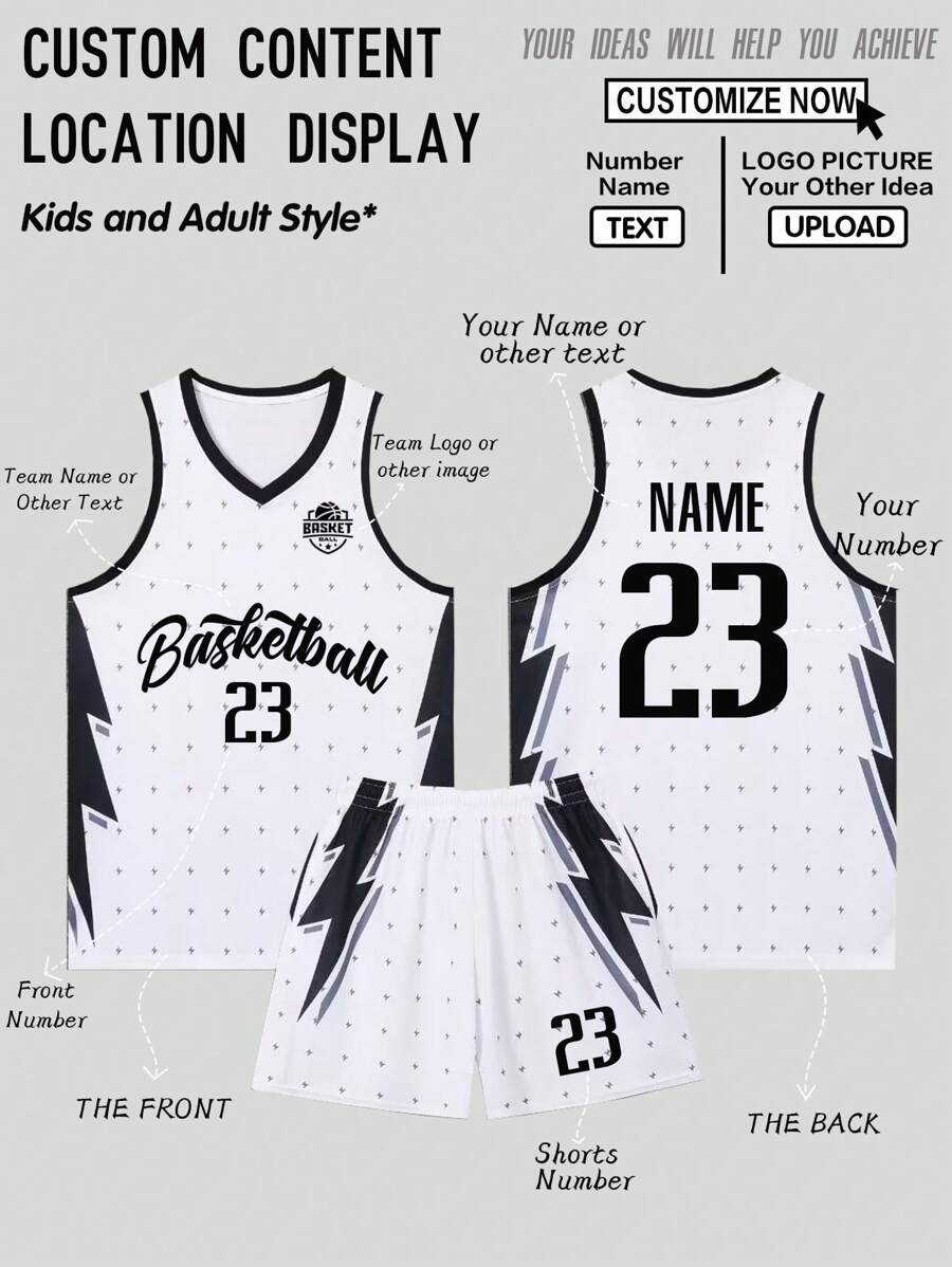 2pcs Personalized Tween Boys Training Basketball Jersey- Customized School Name,Number And Photo Print Tank Top+Shorts Sports Set