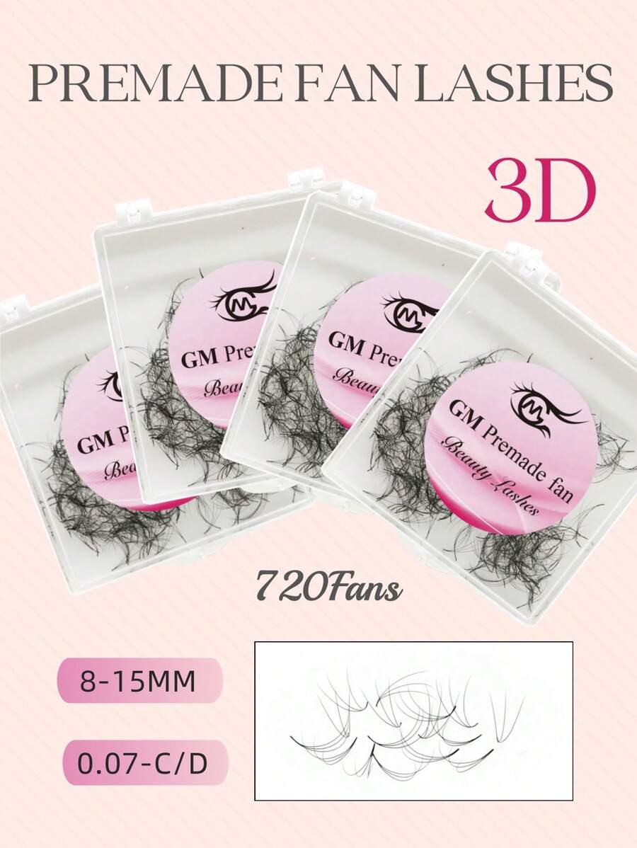 720Fans In One Box 3D Premade Fan Lashes 100% Handmade Pointybase Root 0.07mm Thickness In C D Curl ,8-15mm Length Available For Professional Eyelash Extensions