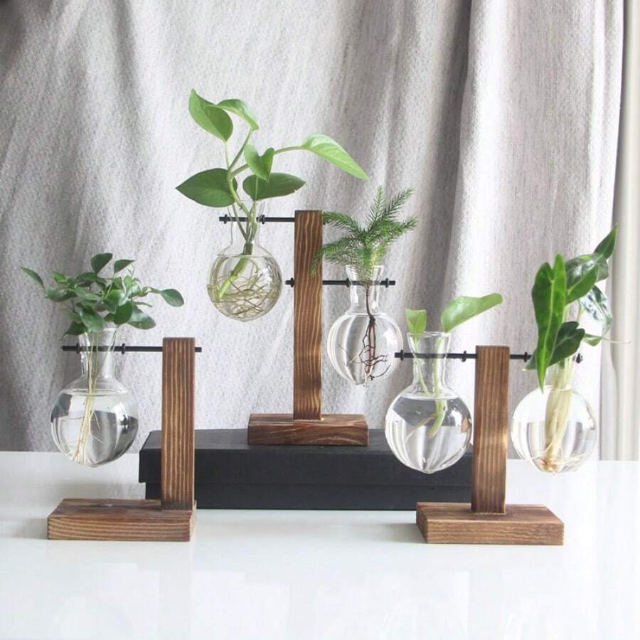 1pc Terrarium Bulb Vase Tabletop Plant Terrarium With Vintage Solid Wood Holder Suitable For Propagating Hydroponic Aquatic Plants For Home Garden Office Decoration Gifts Birthday Graduation