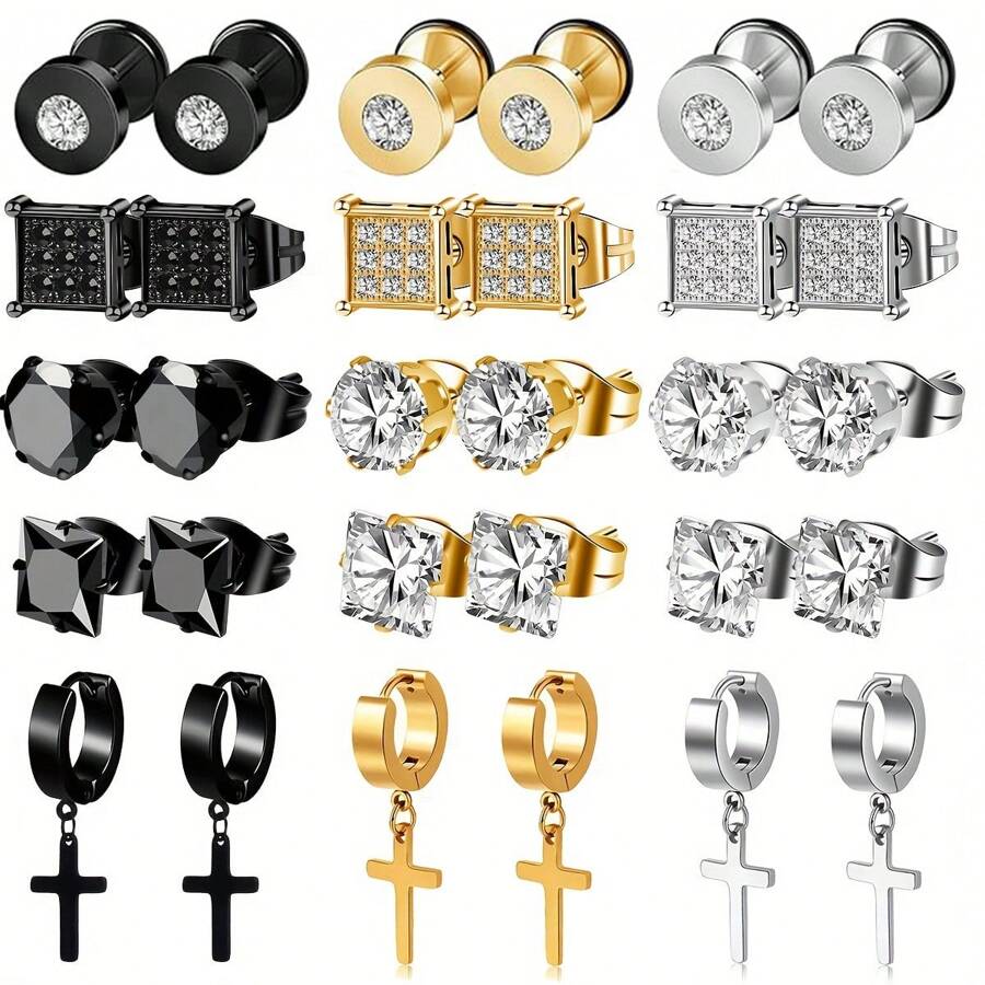 15 Pairs Men's Stainless Steel Earrings Set - Black & Gold Cross Dangle & CZ Inlaid Stud Earrings For Men, Hypoallergenic Huggie Hoop Earrings For Men, Men Piercing Jewelry Gift Set For Birthday, Party (Includes Studs, Dangles & Hoops)