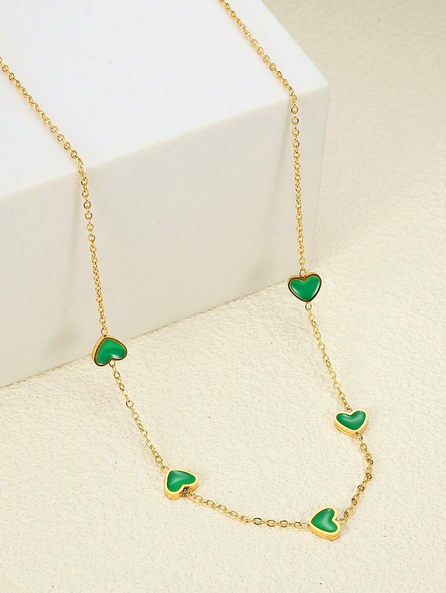 MONALLY 18K Gold Plated 1pc Glamorous Heart Green Gold Women Necklace Girls' Pendant Chain Stainless Steel Jewelry Versatile Best Friend Birthday Anniversary Gift Western Fashion Style