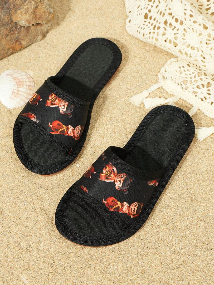 Nouvelle mode d'été 2025 Fille Chaussures plates à orteils percés motif Nezha avec bout rond et ourlet pour plage pour enfants