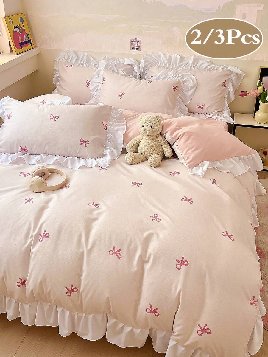 2/3pcs Set Ruffled Waterproof Fiber Duvet Cover And Pillowcase With Butterfly Print Bedding (Excludes Filler), Contrast Color Modern Bedding Suitable For Bedroom, Student Dorms, Single, Double Beds, All Season
