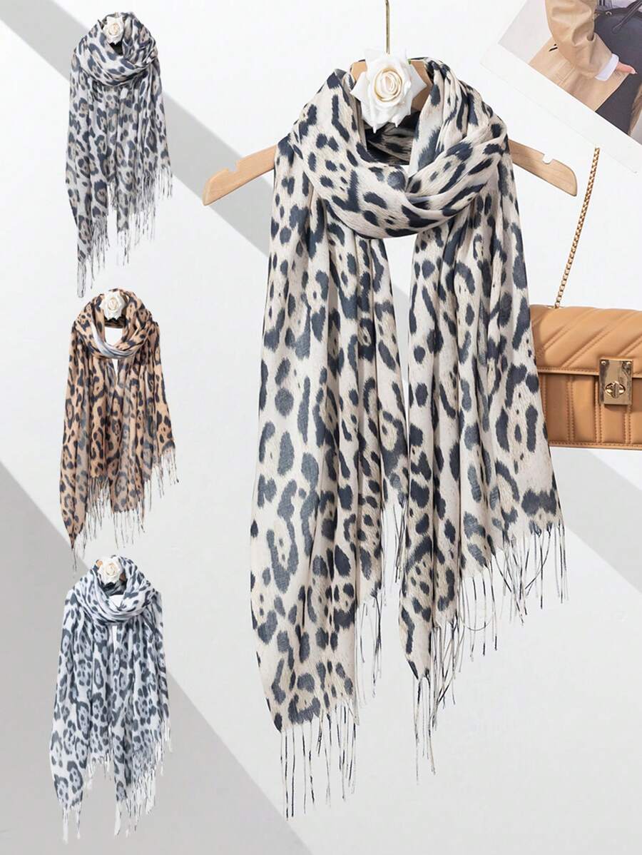 1pc Ladies Retro Leopard Print Tassel Scarf Shawl, Fashionable & Versatile Neck Wrap