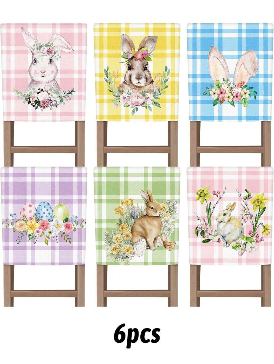 6Pcs Easter Chair Cover Watercolor Bunny Flower Eggs Easter Chair Back Covers Rabbit Spring Decorative Case Buffalo Plaid Farmhouse Decorations For Kitchen Wedding Party Decor