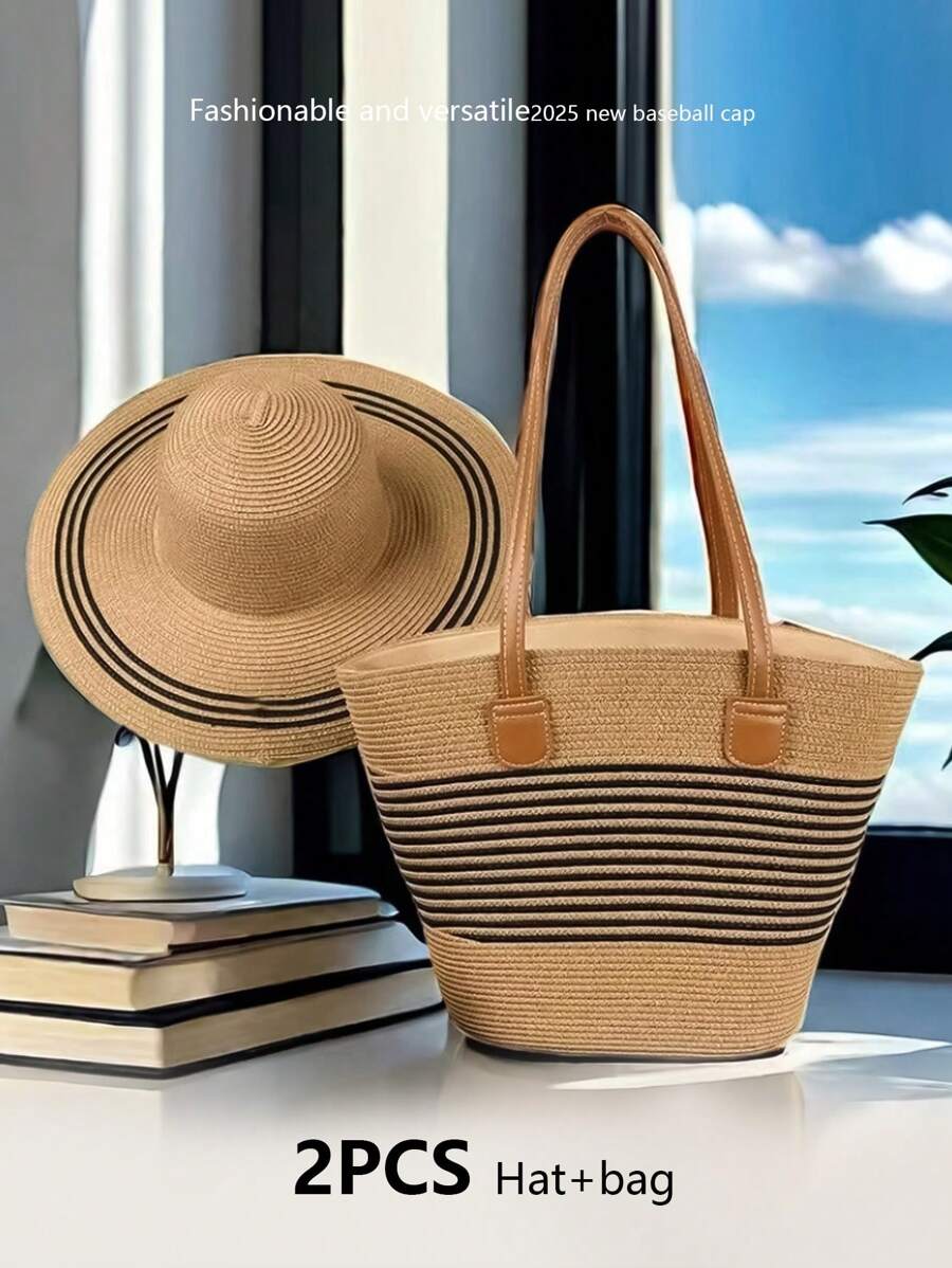 Set de 2 piezas para mujer de sombrero de paja estilo rayado y bolso tipo tote para viajes y uso al aire libre. Sombrero de ala ancha de protección UV para el verano y bolso de hombro espacioso