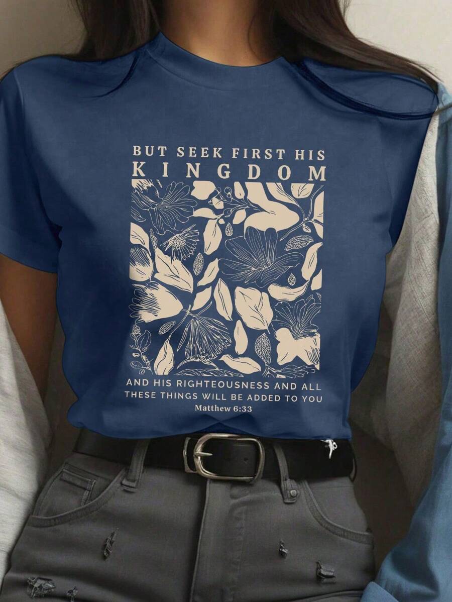 Camiseta Casual de Manga Curta com Estampa Combinada de Alfabeto Floral para Verão